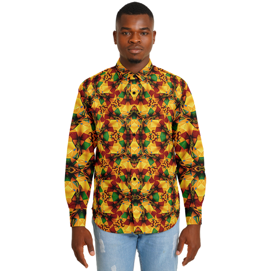 Men's Vibrant Autumn Kaleidoscope Pattern Spread Collar Long Sleeve Button-Down All Over Print Shirt.