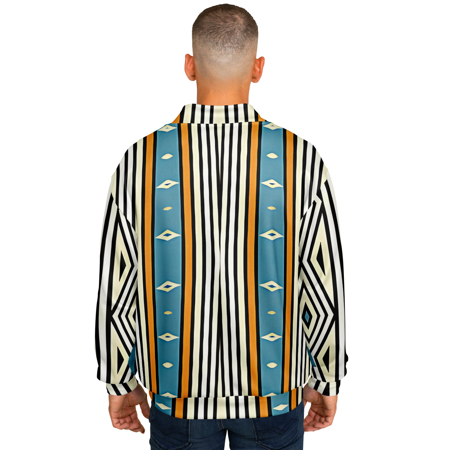 Men's Striped Retro Blue & Orange Patten Design All Over Print Baseball Jacket