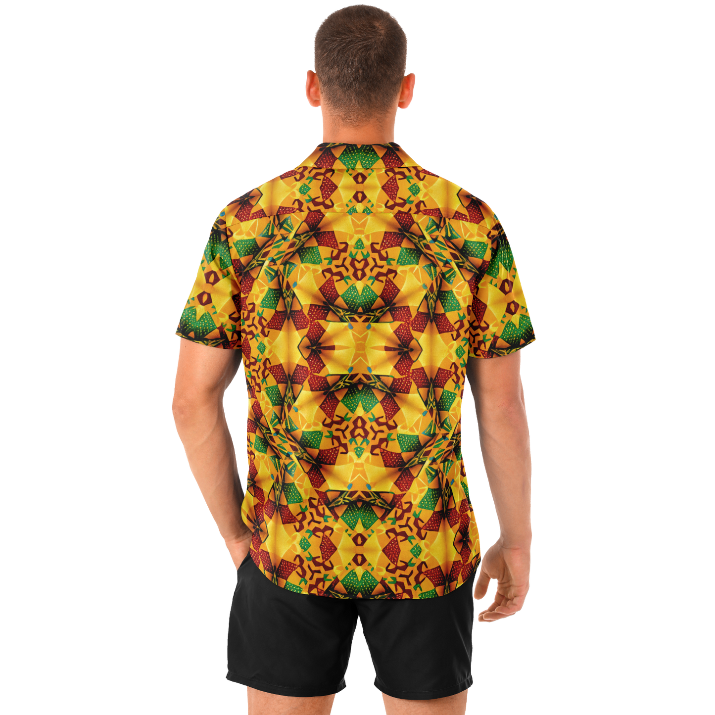 Men's Vibrant African Kente Geometric Pattern All Over Print Spread Collar Short Sleeve Button-Down Shirt