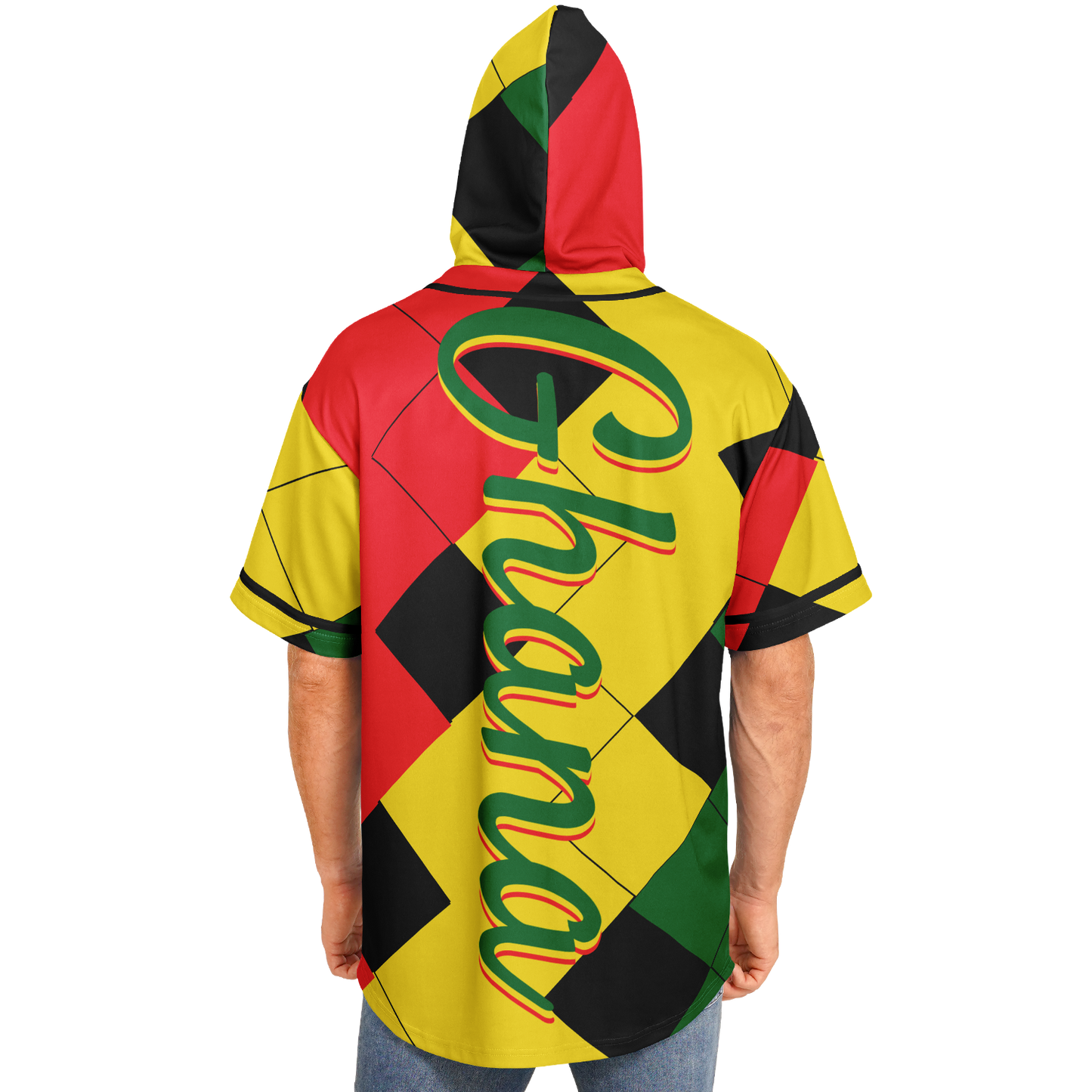 Men's Ghana Flag & Black Star Pattern All-Over Print Hooded Baseball Jersey