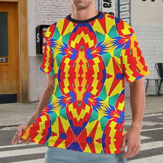 Men's Vibrant African Kente Geometric Pattern All-Over Print Ribbed Collar T-Shirt