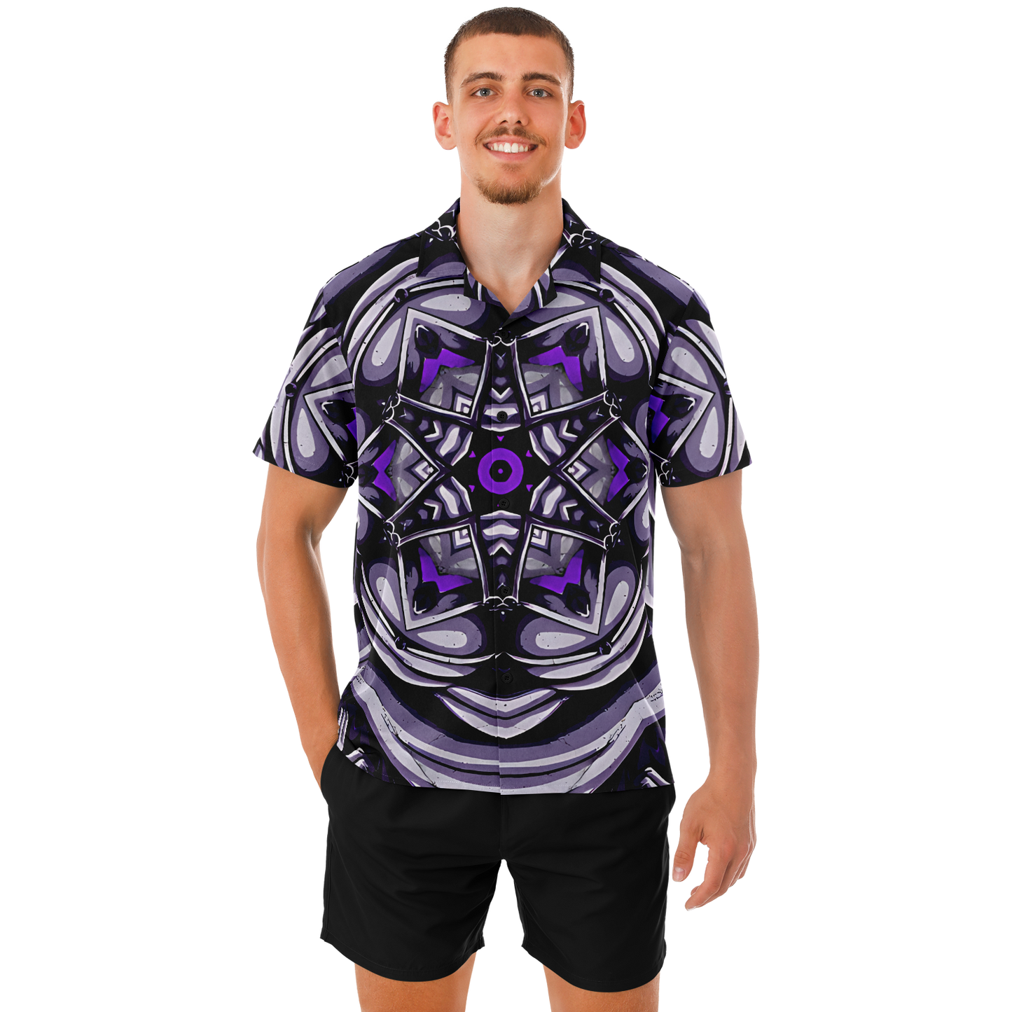 Men's Kaleidoscope Purple Pattern Spread Collar Short Sleeve Button-Down All Over Print Shirt.