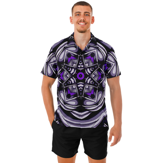 Men's Kaleidoscope Purple Pattern Spread Collar Short Sleeve Button-Down All Over Print Shirt.
