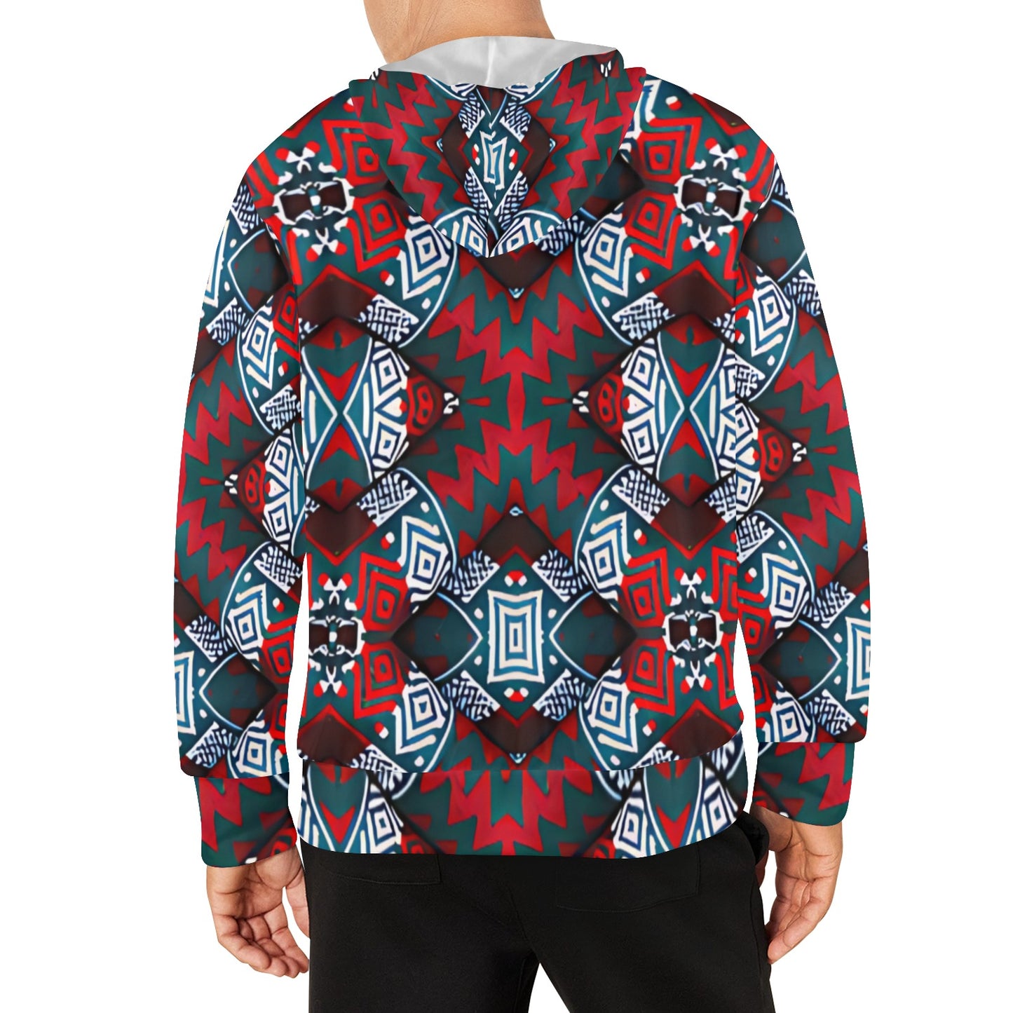 Men's Red, Green & White Teal Aztec Geo Pattern All-Over Print Fleece Full-Zip Hoodie