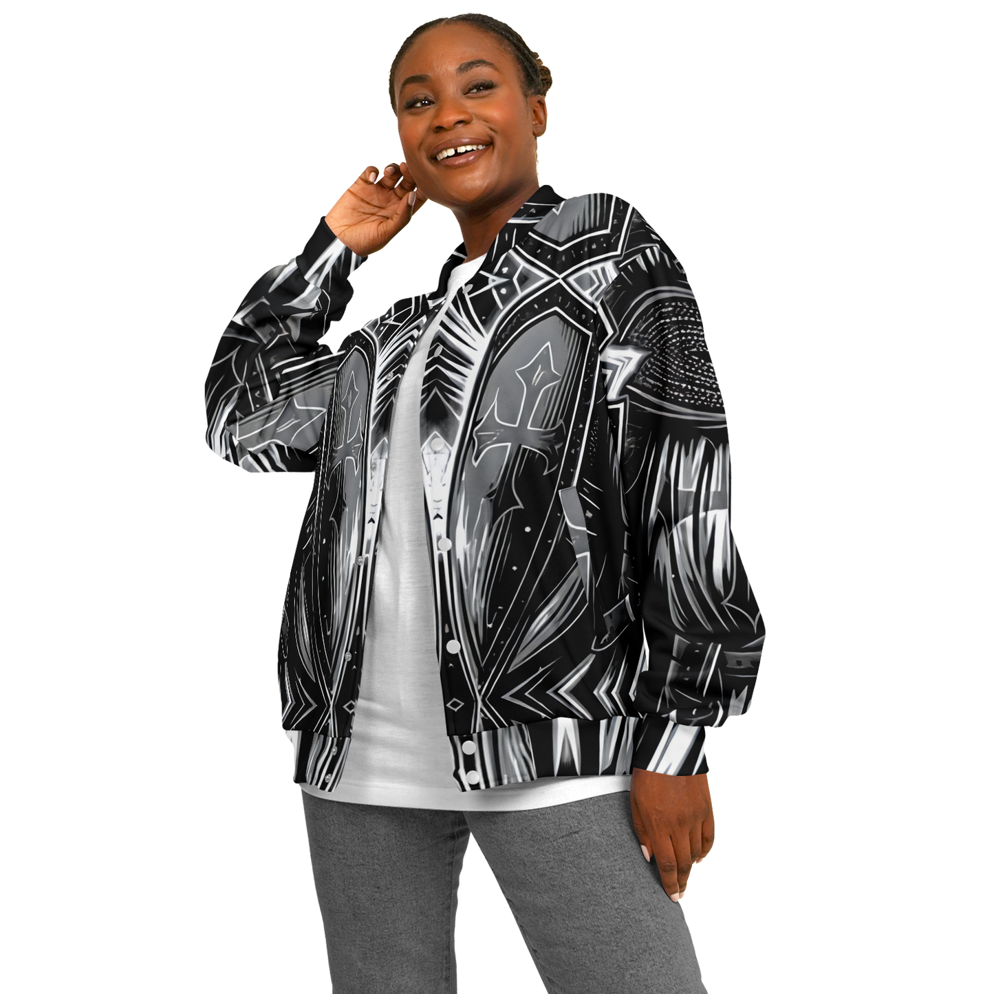 Women's Black & Silver Symmetry Pattern All-Over Print Baseball Jacket