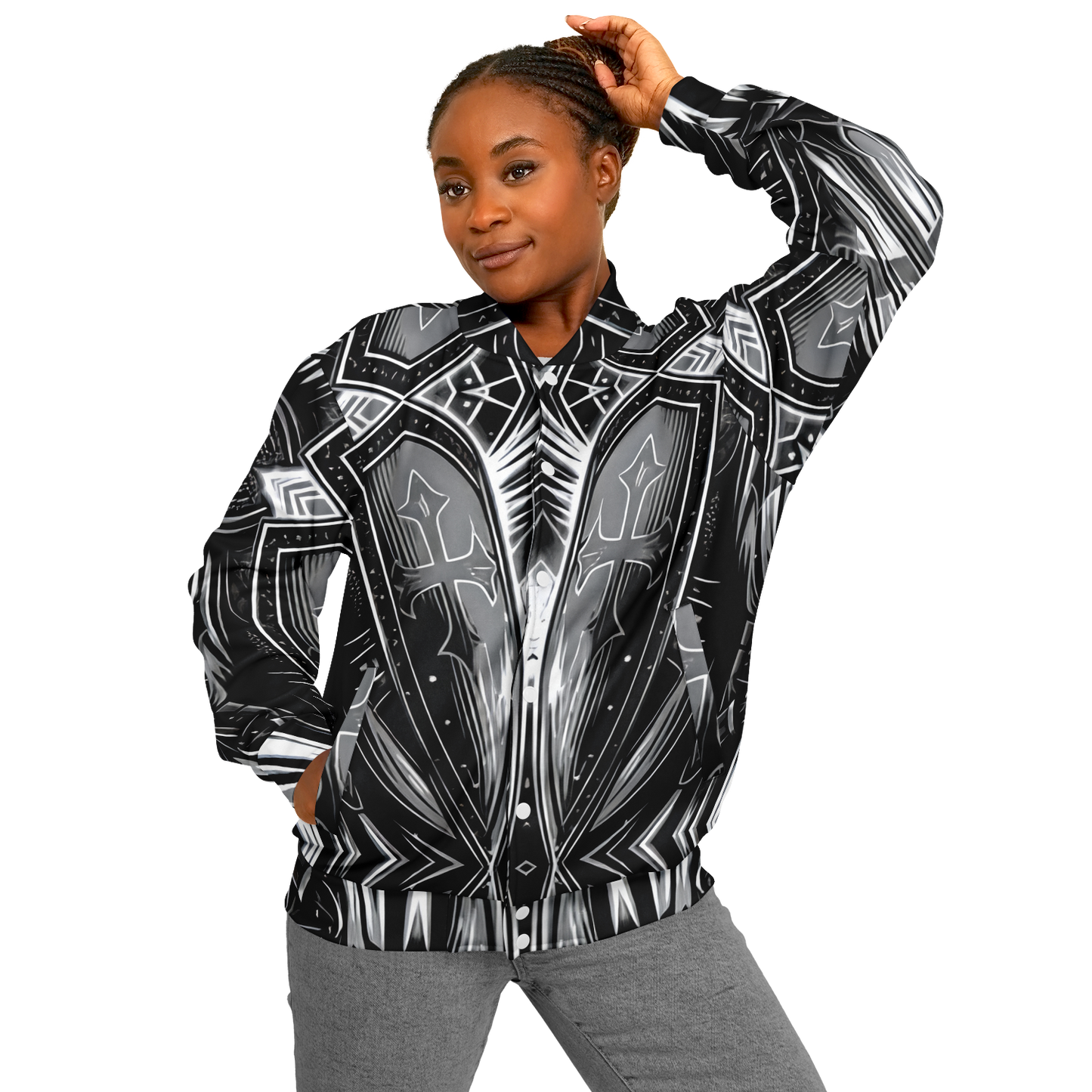 Women's Black & Silver Symmetry Pattern All-Over Print Baseball Jacket