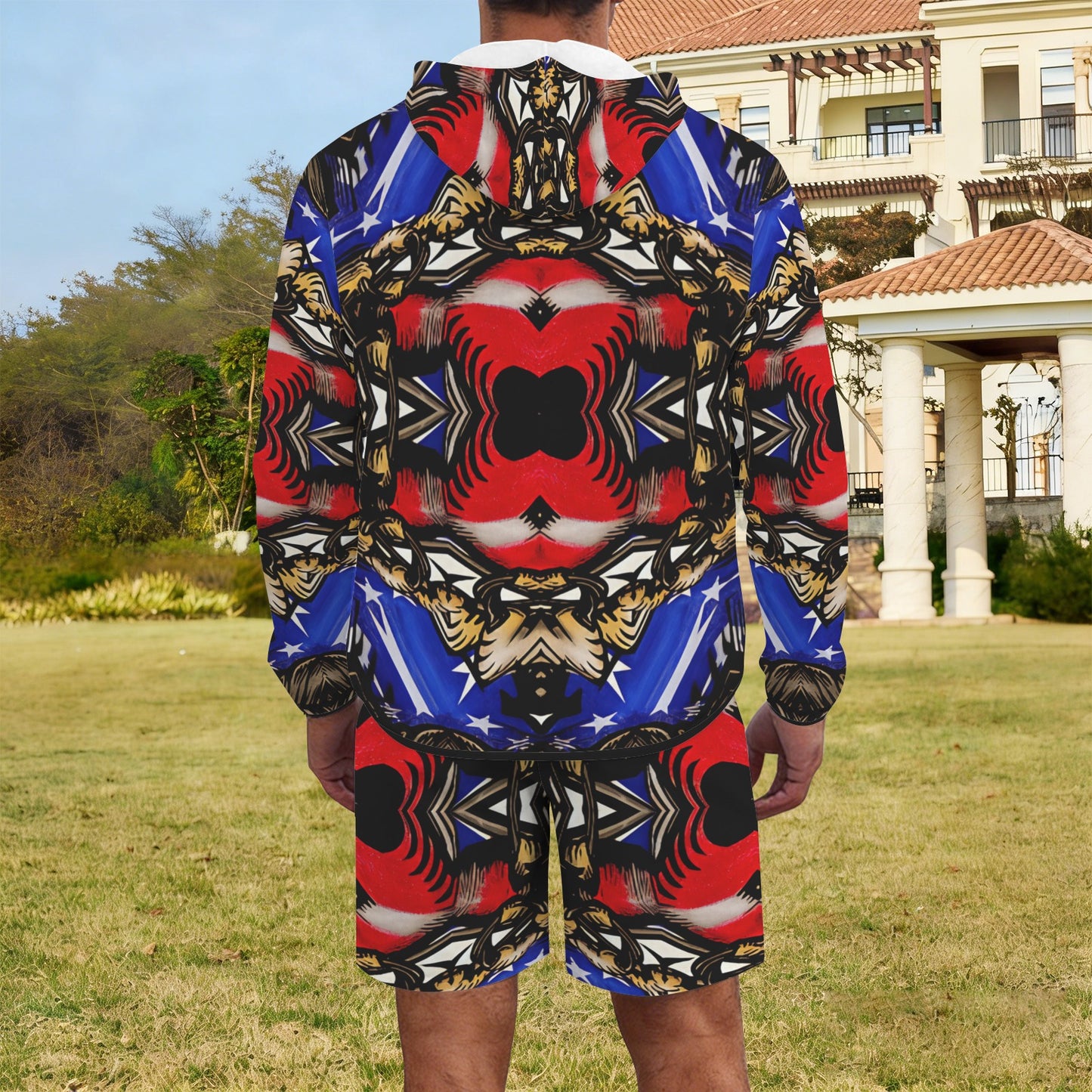 Men's Patriotic Kaleidoscope Pattern All-Over Print Lightweight Sun Hoodie & Shorts Set