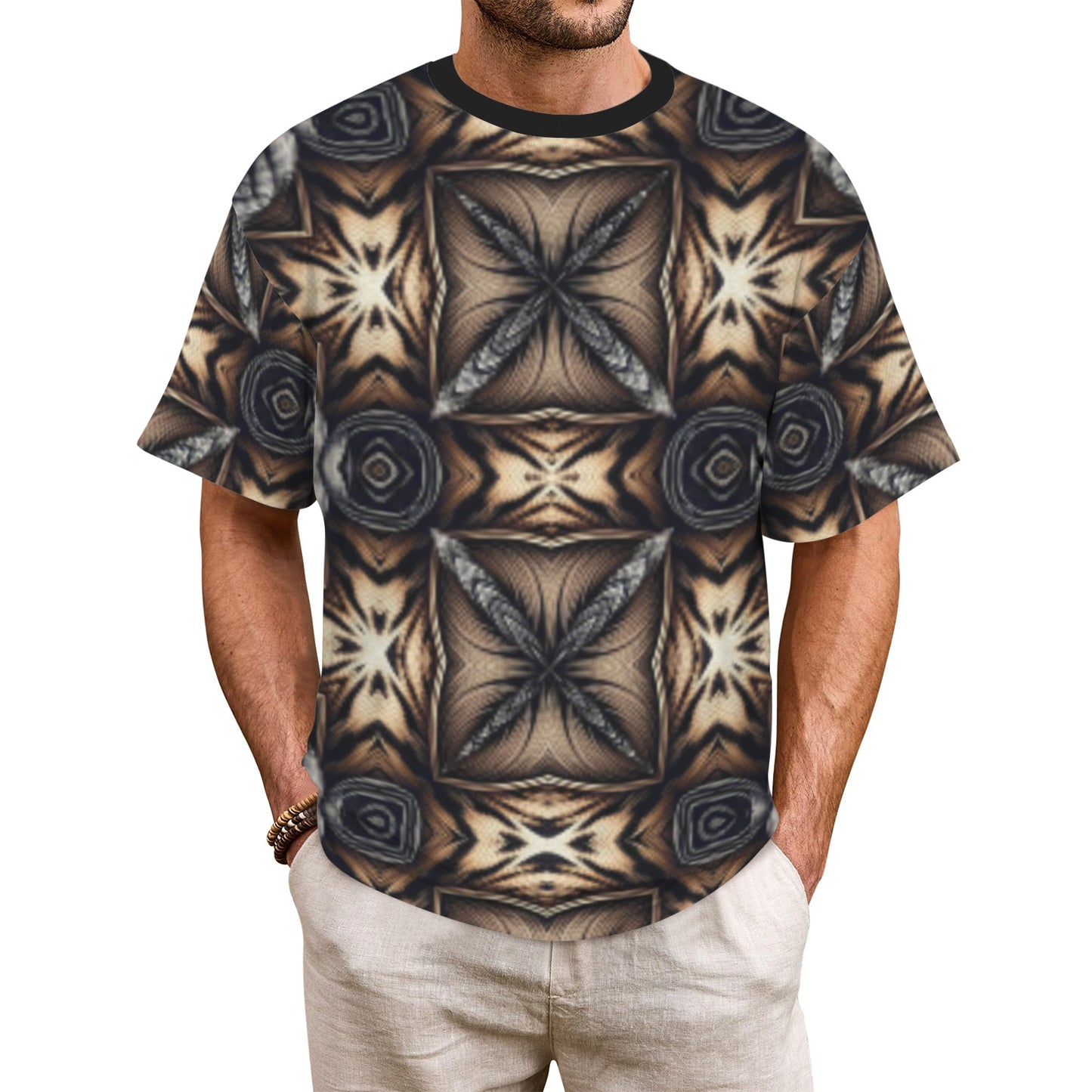 Men's Geometric Kaleidoscope Brown Pattern All Over Print All Over Print Ribbed Collar T-Shirt