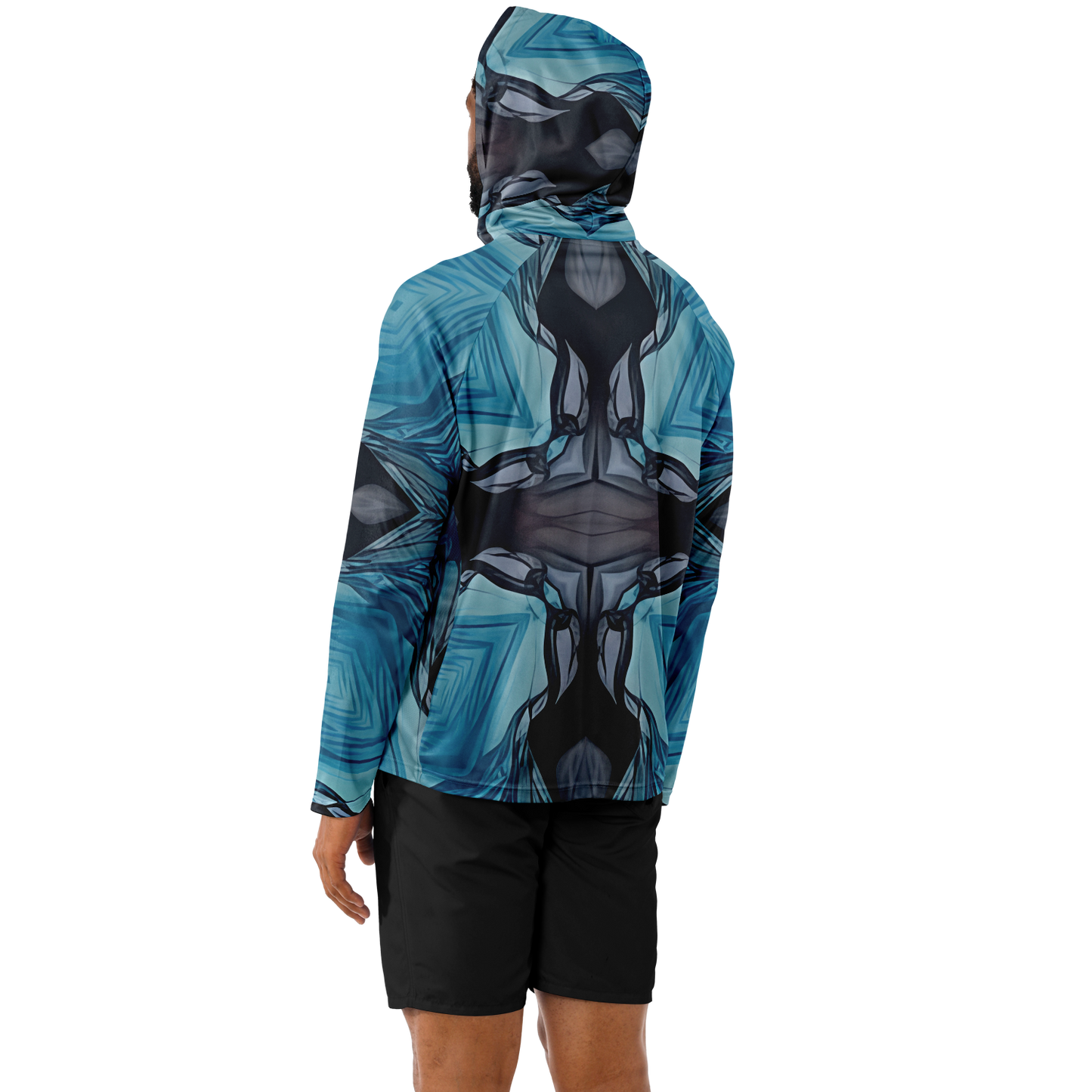 Men's Abstract Blue Geometric Design All Over Print Long Sleeve Hooded Performance Shirt