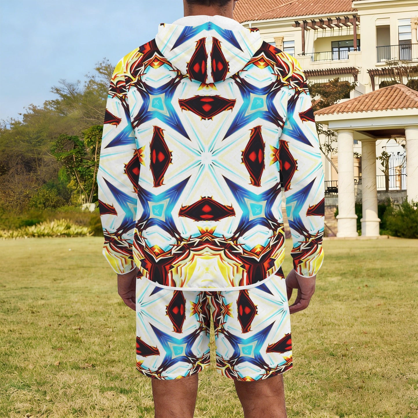 Men's Vibrant Kaleidoscope Geo Pattern All-Over Print Lightweight Sun Hoodie & Shorts Set