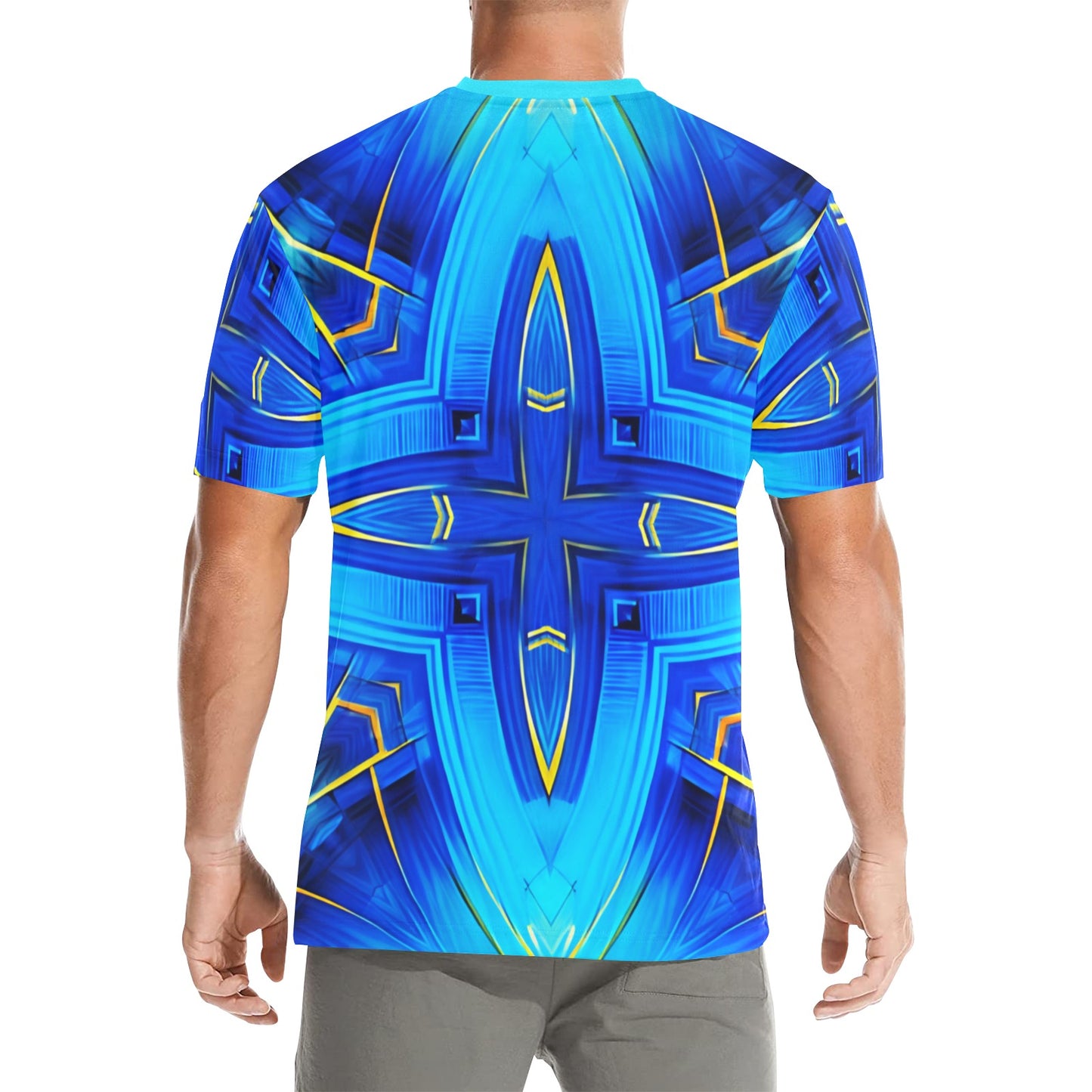 Men Vibrant Blue Geometric All-Over Print Crew Neck T-Shirt
