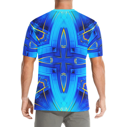 Men Vibrant Blue Geometric All-Over Print Crew Neck T-Shirt
