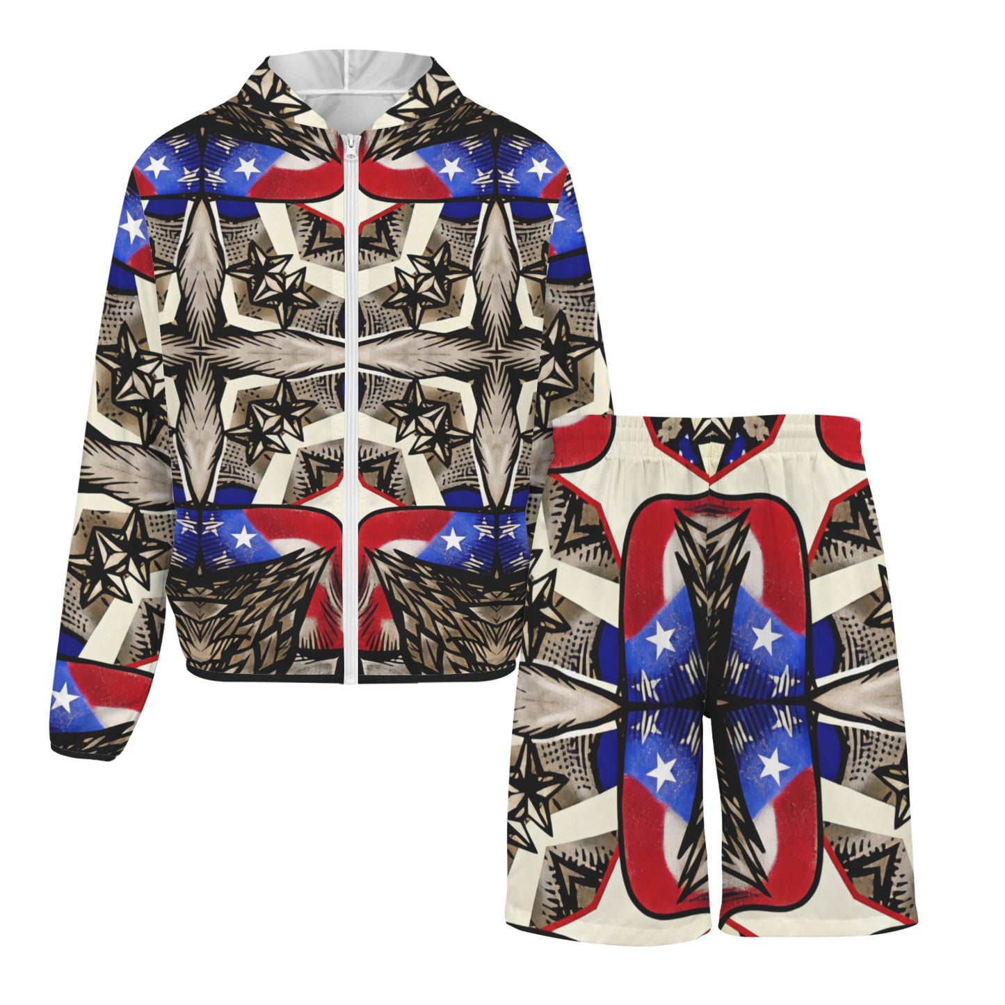 Men's Patriotic Stars & Cross Kaleidoscope Pattern All-Over Print Lightweight Sun Hoodie & Shorts Set