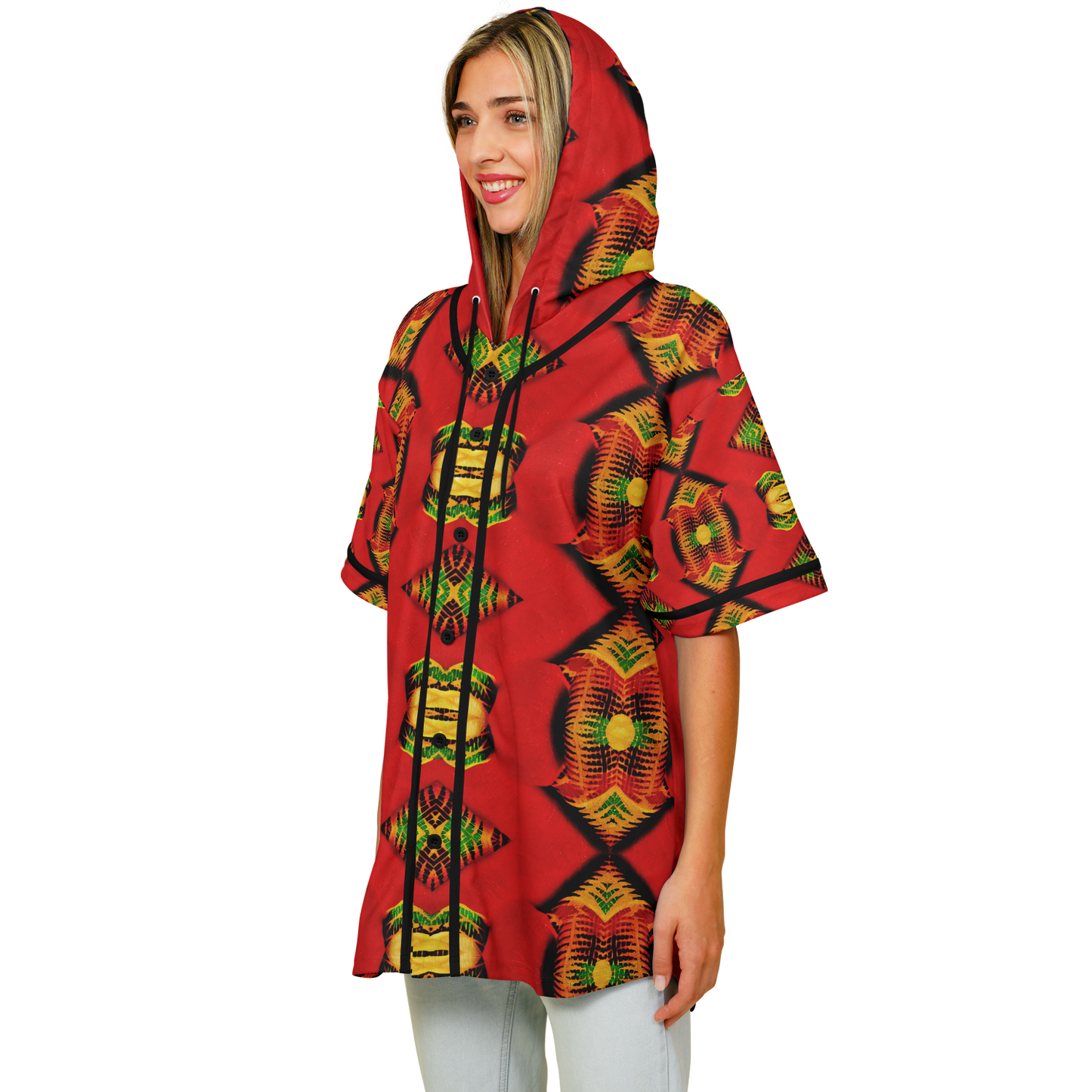 Women's Red Bold Tribal All-Over Print Hooded Baseball Jersey
