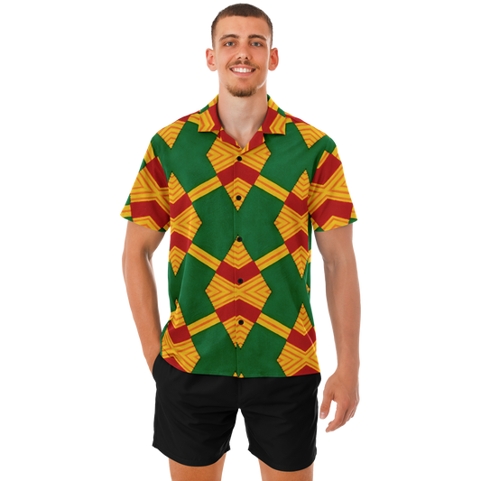 Men Bold Green, Red & Gold African Kente-Inspired Pattern Spread Collar Short Sleeve Button-Down All-Over Print Shirt