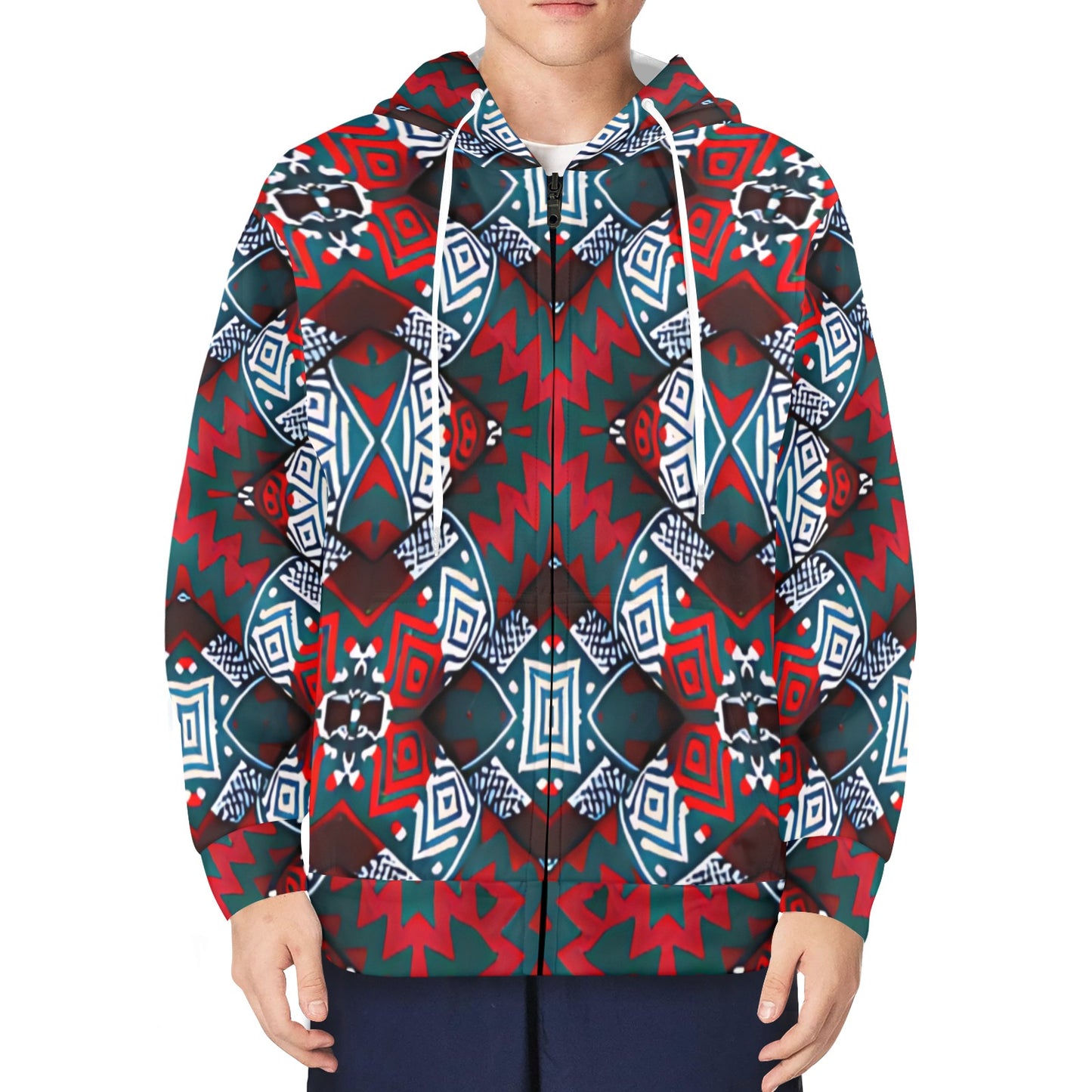 Men's Red, Green & White Teal Aztec Geo Pattern All-Over Print Fleece Full-Zip Hoodie