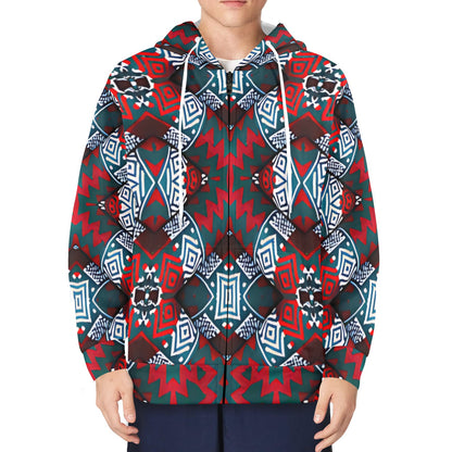 Men's Red, Green & White Teal Aztec Geo Pattern All-Over Print Fleece Full-Zip Hoodie