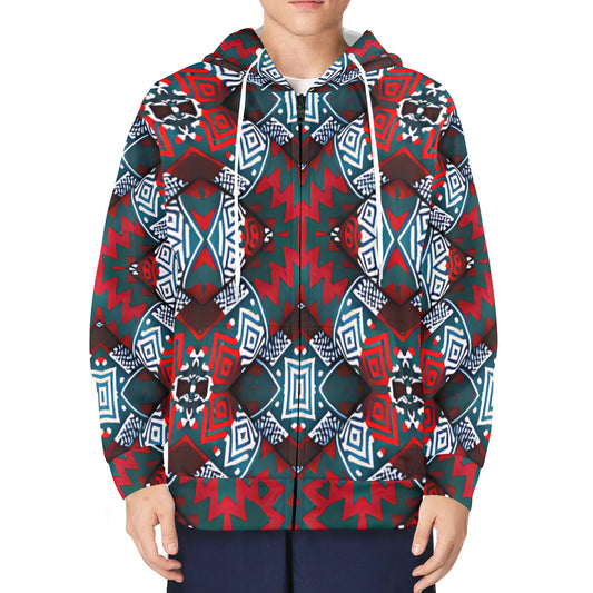 Men's Red, Green & White Teal Aztec Geo Pattern All-Over Print Fleece Full-Zip Hoodie