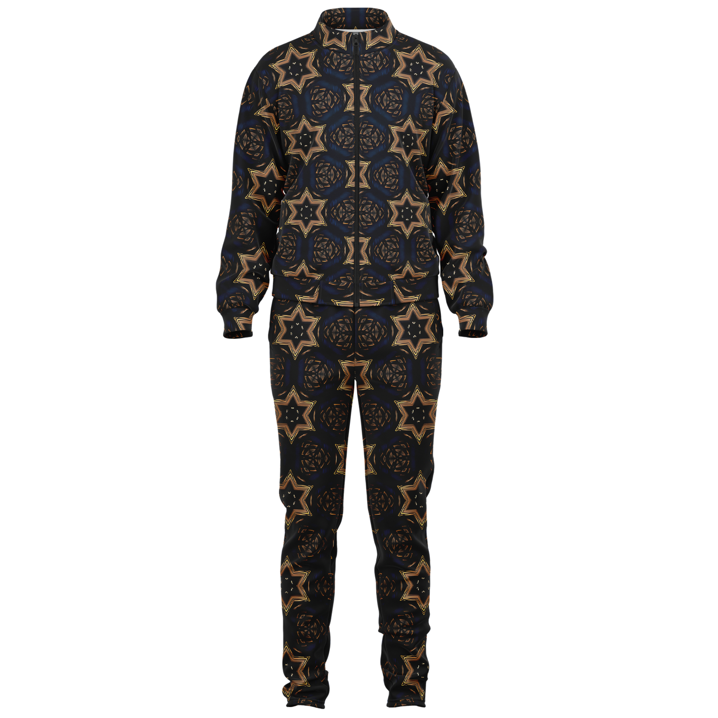 Men's Geometric Floral Pattern in Black & Brown Track Jacket and Pants