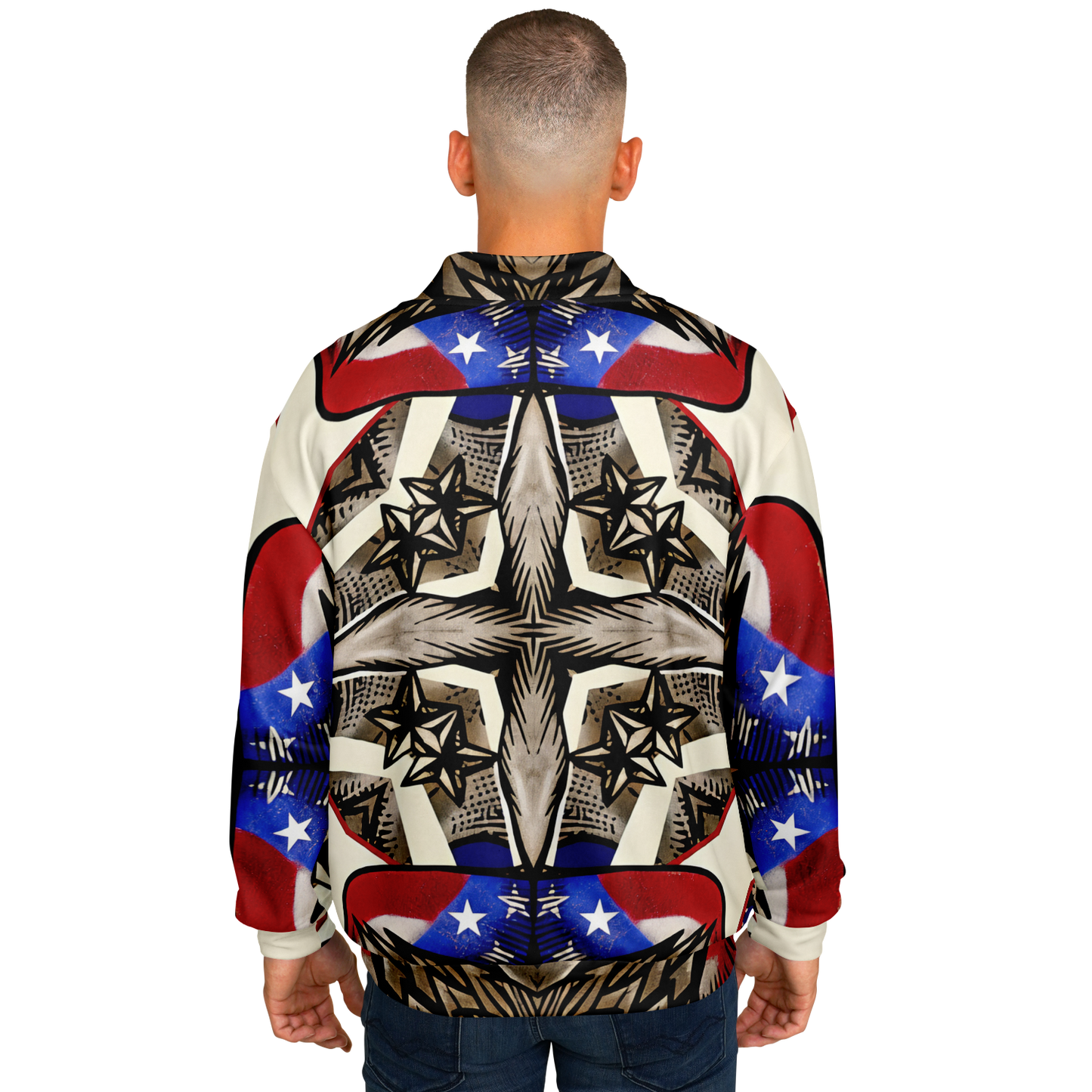 Men's Patriotic Star Kaleidoscope Pattern All-Over Print Baseball Jacket