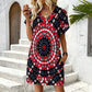 Women's Red, Blue & White Circle Pattern All-Over Print Casual V-Neck Dress with Rolled Cuffs