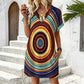 Women's Retro Radiant Circle Pattern All-Over Print Casual V-Neck Dress with Rolled Cuffs