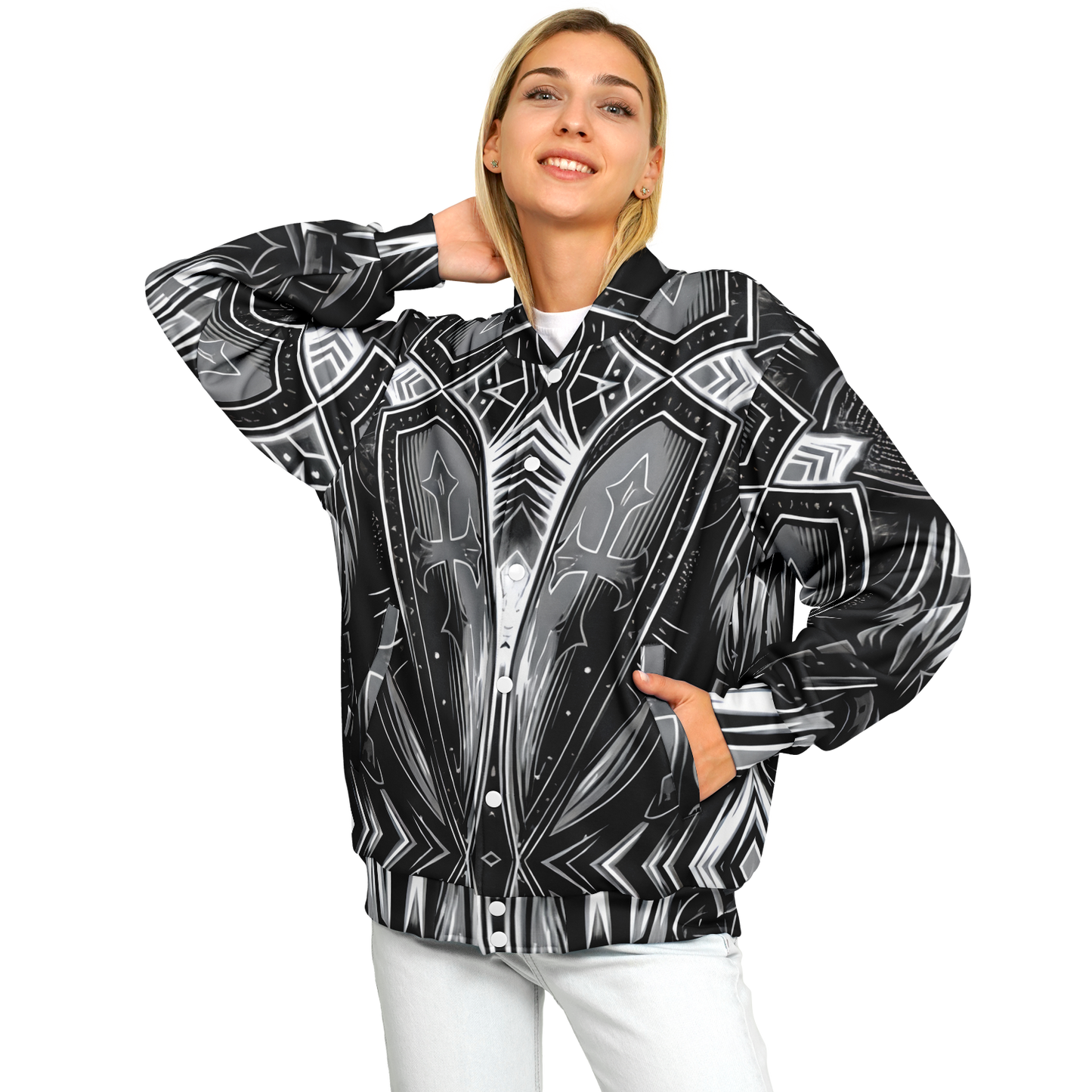 Women's Black & Silver Symmetry Pattern All-Over Print Baseball Jacket