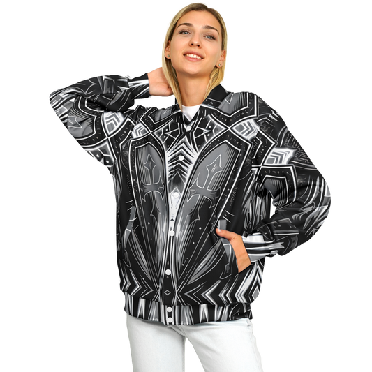 Women's Black & Silver Symmetry Pattern All-Over Print Baseball Jacket