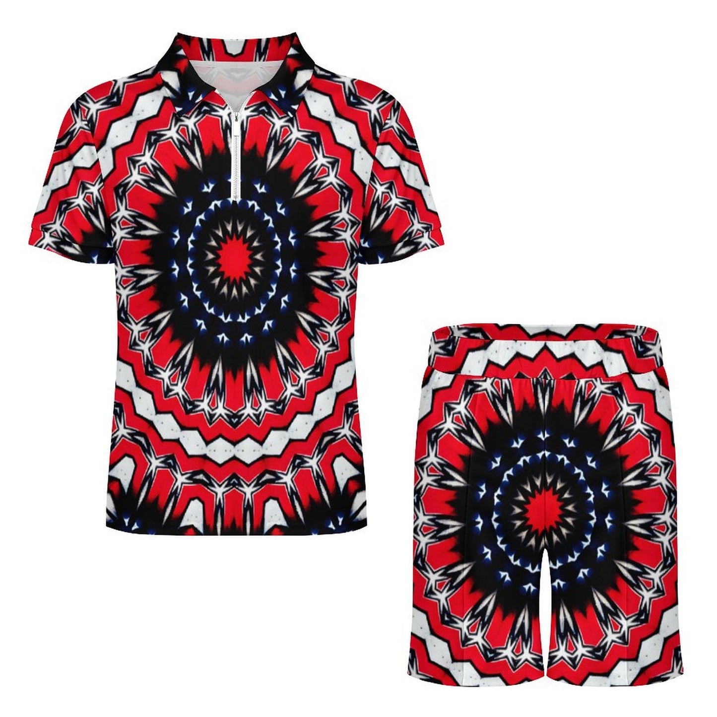 Men's Red, Black & White Psychedelic Pattern All-Over Print Shirt Zip-Up Polo Set