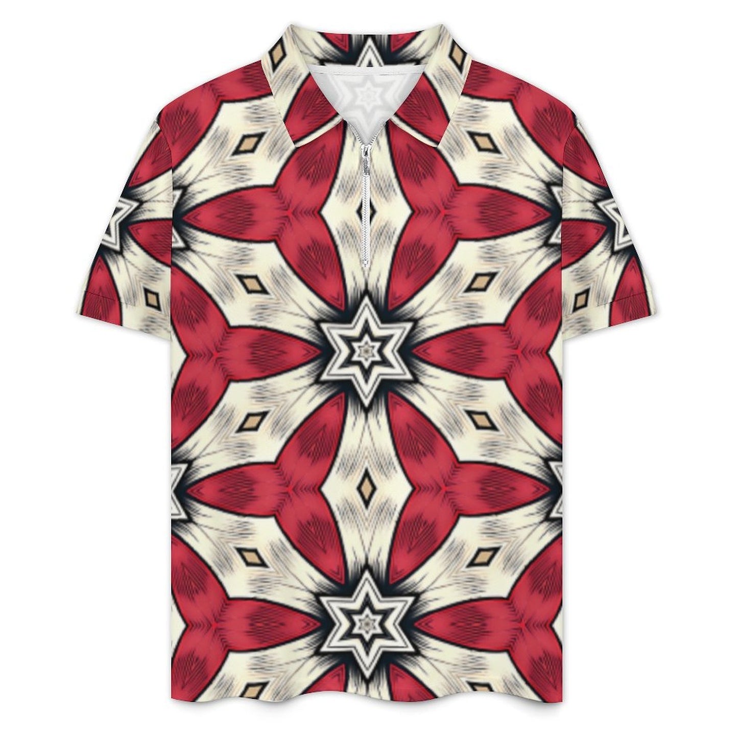 Men's Red & White Geometric Star Pattern Zip-Up Polo Set