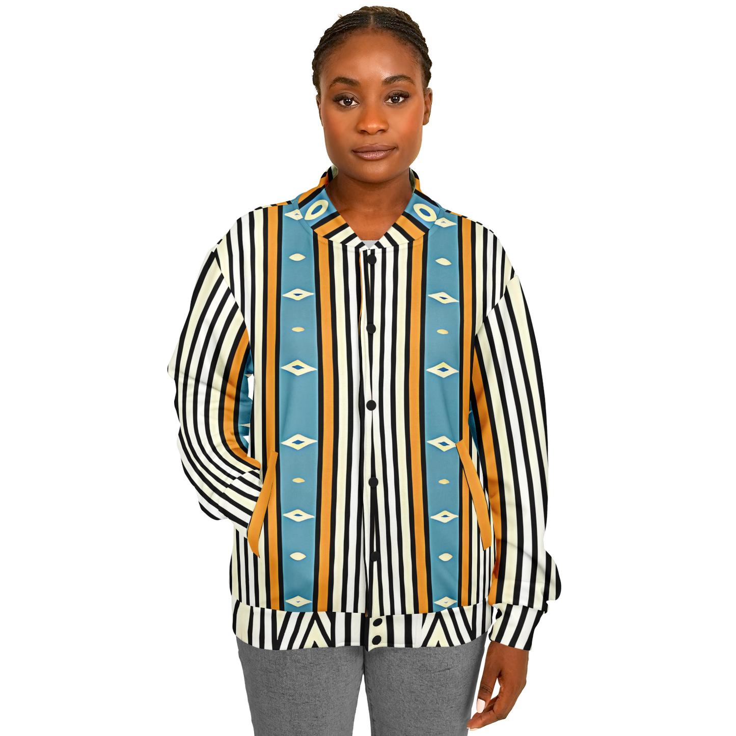 Women's Striped Retro Blue & Orange Patten All Over Print Baseball Jacket