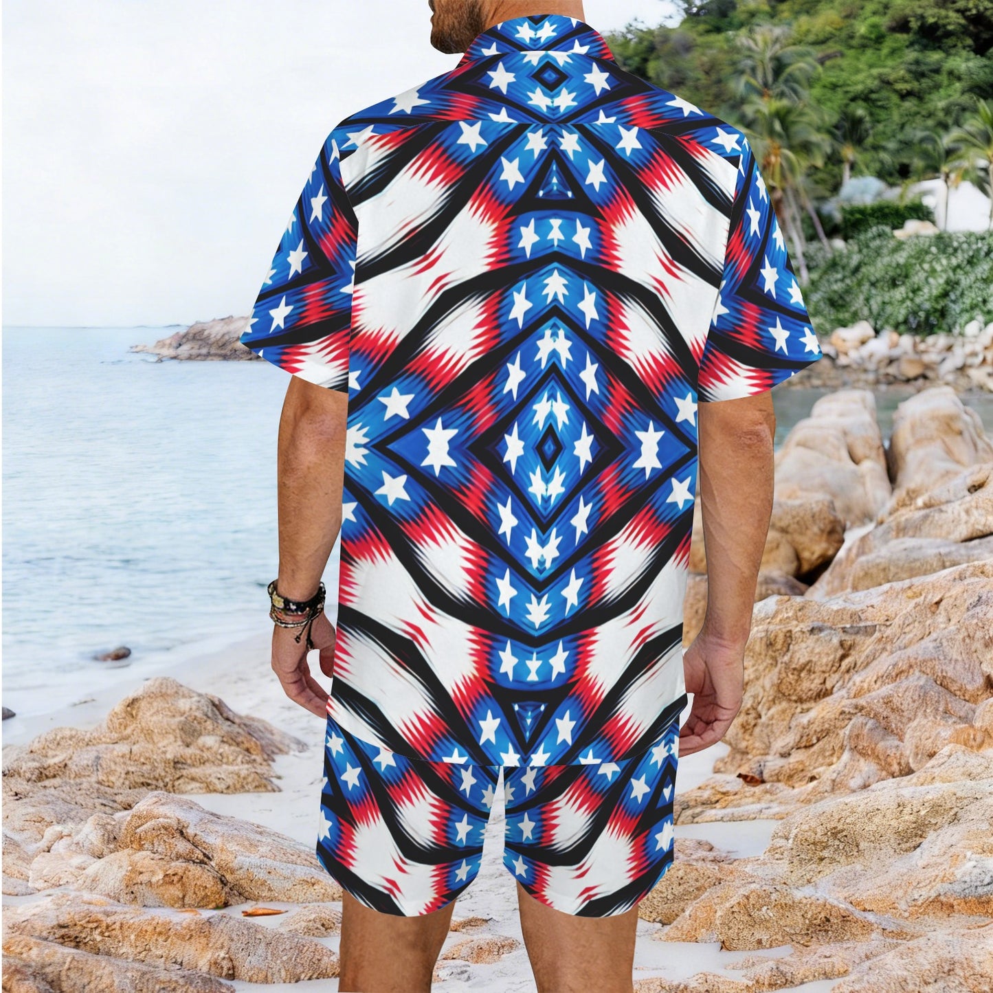 Men's American Flag Pattern All-Over Print Hawaiian Shirt & Shorts Set